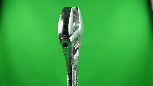 Slowly rotating chrome adjustable wrench centered on a bright green screen background for chroma key compositing