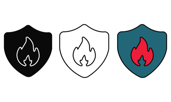 Three shield icons featuring flame designs in different color styles