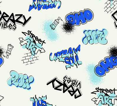 Urban graffiti lettering with spray paint and brick textures on a light background creating a vibrant street art pattern