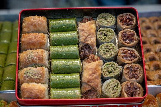 Istanbul, turkey. August 2, 2025. Baklava pieces with pistachio and walnut fillings, offering traditional sweets from istanbul