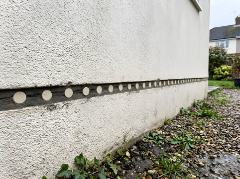 Damp proofing injection plugs in wall | rising damp treatment process | chemical damp proof course installation | protecting house foundation from moisture