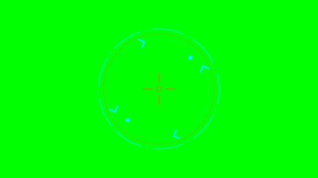 Digital circular targeting reticle overlay on a bright green background screen