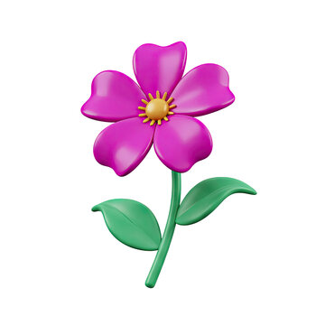 3D cartoon flower with pink petals and green leaves