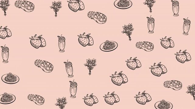 Animated seamless fruit and vegetable doodle pattern on pink background