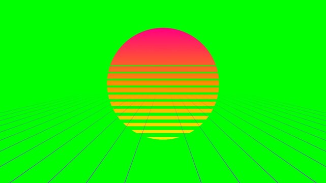 Retro synthwave sun setting over a digital neon green landscape grid horizon