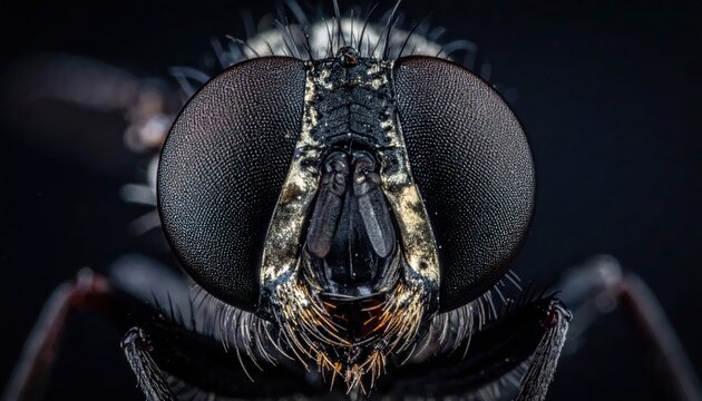 Extreme macro close-up of a housefly head and eyes.
