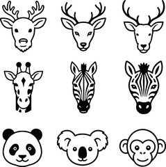 Obraz premium 9 Wild Animal Face Icons Set – Deer, Giraffe, Zebra, Panda, Koala and Monkey Editable Vector Collection