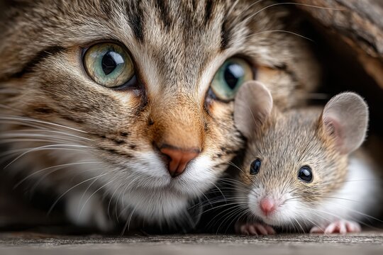 Cat and mouse share a moment of curiosity in a cozy nook