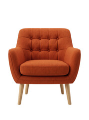 Fototapeta premium Modern orange fabric armchair with tufted backrest and wooden legs isolated on transparent background, PNG