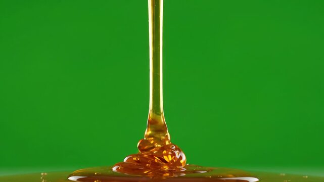 Thick golden maple syrup slowly pouring and dripping down in a viscous stream against a vivid green screen background