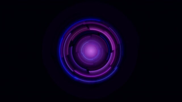 Glowing Concentric Rings Spin in Digital Tunnel Against Black Background with Futuristic Neon Purple and Blue Lighting