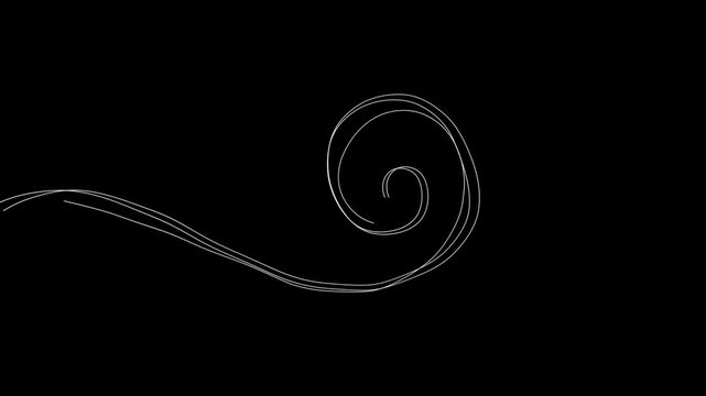Wind gust line animation, cartoon doodle style, swirling curved lines, curling lines on a black background, 4K video.