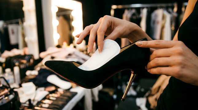 Professional female hands placing white absorbent sanitary napkin pad inside black high heel stiletto shoes comfort backstage dressing room fashion show preparation beauty industry life hack