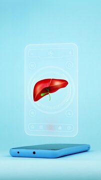 Doctor using smartphone for liver diagnosis showing anatomical liver model, innovative medical technology for early detection of hepatic disease. Light blue background.