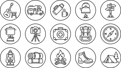 Vector set of camping and outdoor adventure line icons featuring tent campfire hiking boots and gear symbols © MdLiton