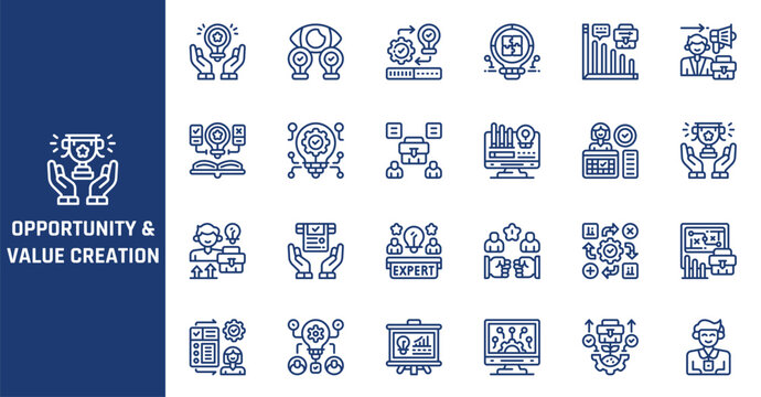 Business opportunity and value creation icons. Professional growth and corporate strategy set.