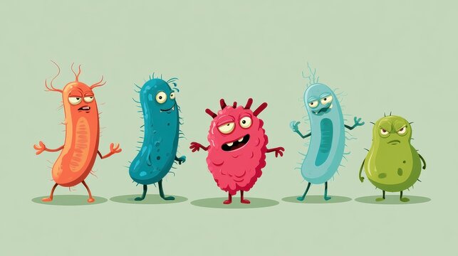 Bacteria character flat design side view medical education theme cartoon drawing Complementary Color Scheme.