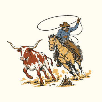 Vintage western cowboy riding horse and throwing lasso at longhorn bull, retro graphic illustration for t-shirt design and ranch branding