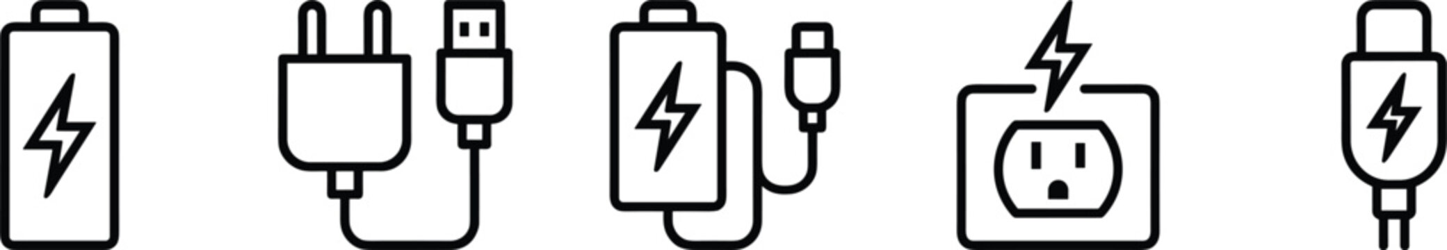 Electric power charging icon set featuring battery lightning bolt usb plug cable socket outline vector line art.eps