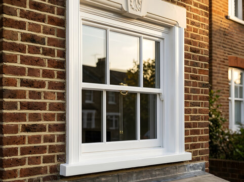 Traditional white timber sash window installation | Red brick house exterior with period features | Double hung wooden window frames for old houses | Victorian style home renovation details