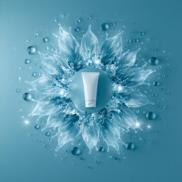 Hydrating skincare cream tube framed by crystal water petals and sparkling blue droplets