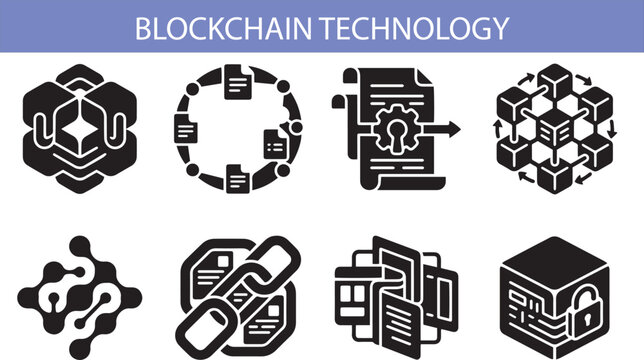Blockchain technology icon set Distributed ledger, smart contract encrypted block, network node,decentralized database, data chain, protocol, digital ledger icons 