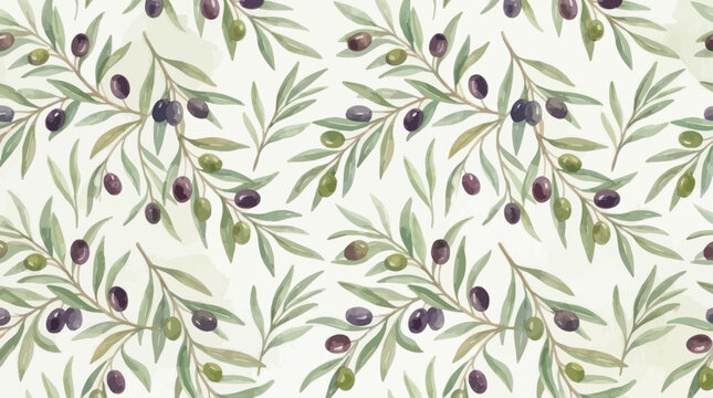 Watercolor olive branch seamless pattern with green leaves.
