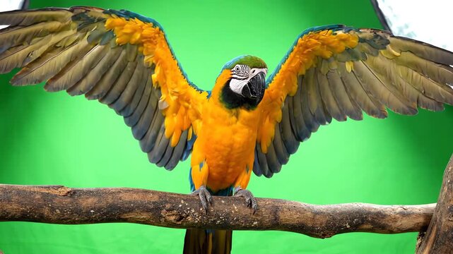 Vibrant macaw parrot perching on a wooden branch and flapping wings against a bright green screen background for chroma key compositing