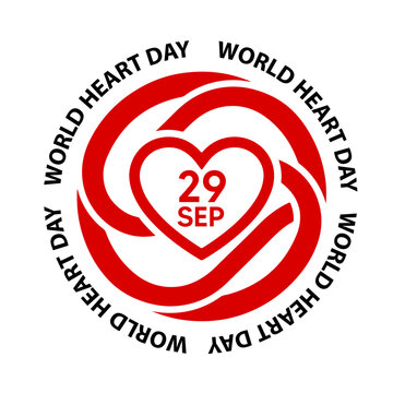 World Heart Day emblem. Medical awareness symbol with red heart and date.
