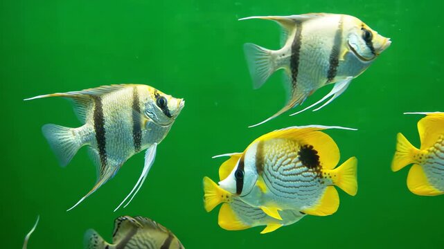 Vibrant tropical fish swimming gracefully across a solid chroma key green screen background for easy video compositing and editing