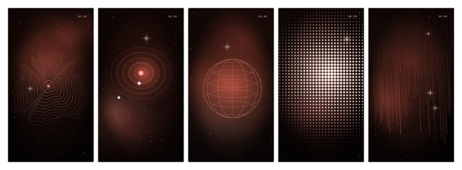 Set of abstract space backgrounds with geometric shapes, glowing stars and red nebula in dark cosmic atmosphere © AMJAD