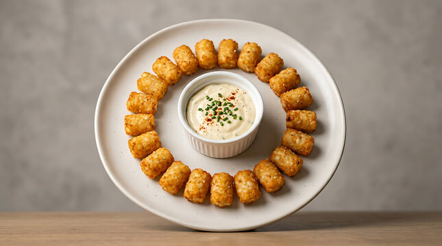 Crispy golden tater tots arranged in a circle around creamy dipping sauce on a white plate