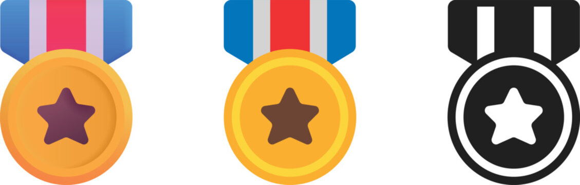 Military medal icon set. Golden gradient design. Star emblem, striped ribbon. Honor service valor, patriotism, national recognition. Veteran tribute , government awards, event premium army UI symbol
