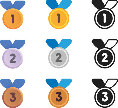 Rank medal icon set. First second, third place gold silver, bronze badge. Ribbon number design flat gradient. Competition, achievement ranking, winner recognition, gaming leaderboard. Sports events UI