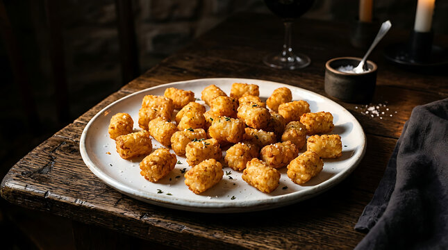 Golden brown tater tots piled high on a white plate, showcasing a delicious and crispy appetizer perfect for sharing.