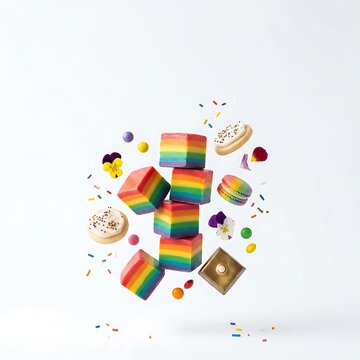 Colorful rainbow cake cubes and desserts floating in air.