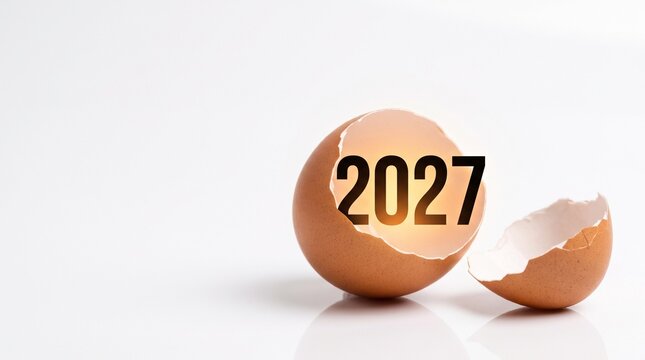 Broken eggshell revealing glowing year 2027 concept for future planning with isolated white background light