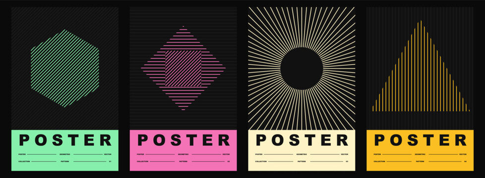 Set of four minimalist geometric posters with abstract line art shapes in vibrant neon colors