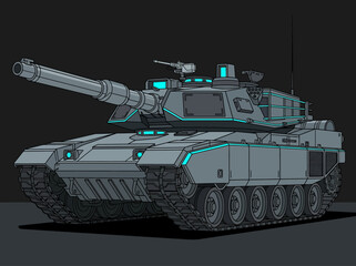 Futuristic Sci-Fi Main Battle Tank Illustration with Neon Blue Accents © Anubizz
