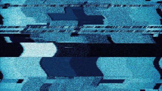 Corrupted digital screen texture with data moshing artifacts and displaced pixel rows. Blue abstract distortion background with signal noise, chromatic aberration and horizontal glitch stripes