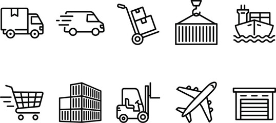Logistics and freight shipping vector icon set featuring truck cargo container cargo ship forklift plane and warehouse line symbols..eps © Sharjina