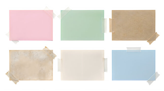 Set of colorful paper notes with adhesive tape strips for reminders and messages