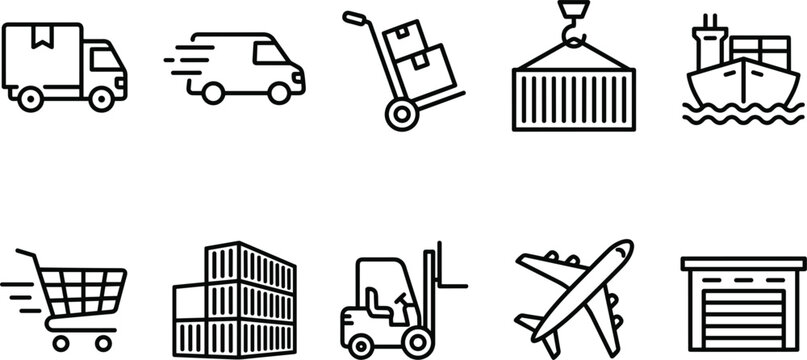 Logistics and freight shipping vector icon set featuring truck cargo container cargo ship forklift plane and warehouse line symbols..eps