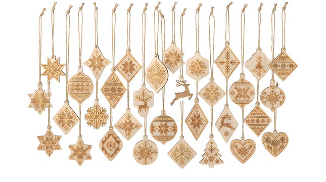 Set of hanging wooden christmas ornaments and decorations for holiday tree