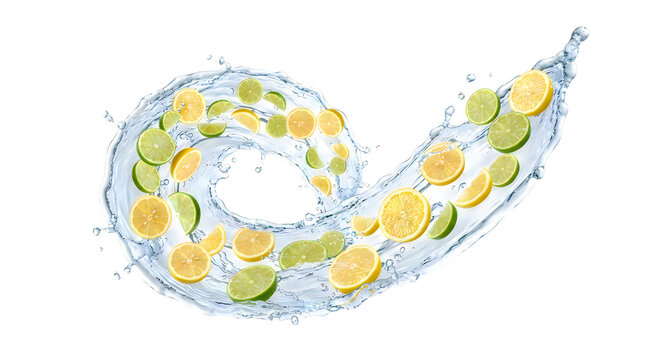 Fresh lemon and lime slices splashing in a swirling vortex of clear water
