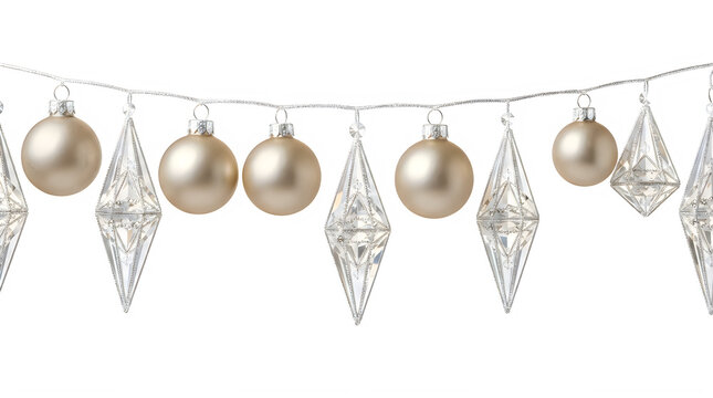 Christmas garland with gold baubles and crystal ornaments hanging on a string