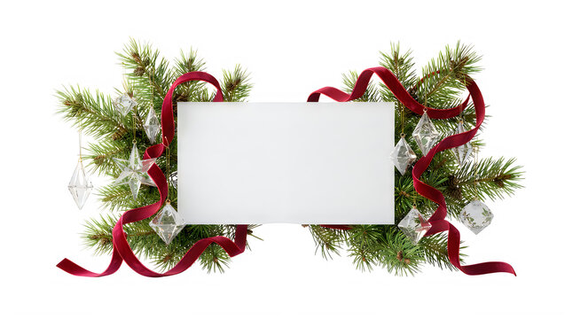 Blank card template with green pine branches and red ribbon for christmas or winter holidays