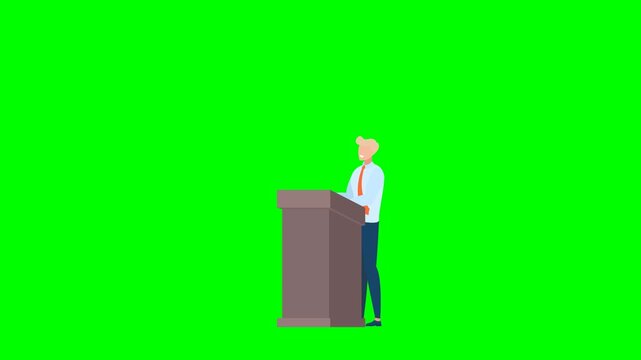 Blond man speaker giving speech at tribune podium. Public speaking presentation concept, corporate lecture conference, politician report or training coaching seminar. 2d flat animation. Alpha channel