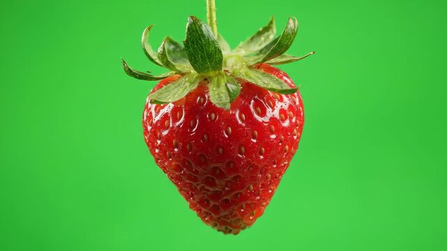 Fresh red strawberry fruit spinning slowly in the air against a bright green screen background for chroma key editing