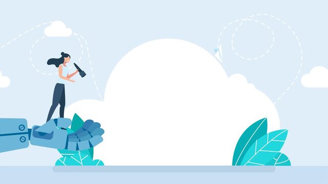 Business woman analyst use telescope climb up. Artificial intelligence technology futuristic, AI. Robot holding a businesswoman with a telescope, helping her to look further ahead. 2d flat animation
